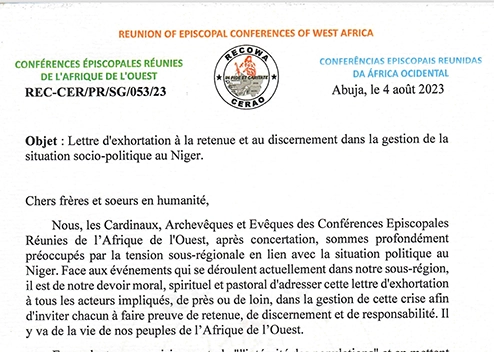 Évêques ouest-africains à la CEDEAO et à l' Union Africaine - Appel à la non-violance face à la crise au Niger